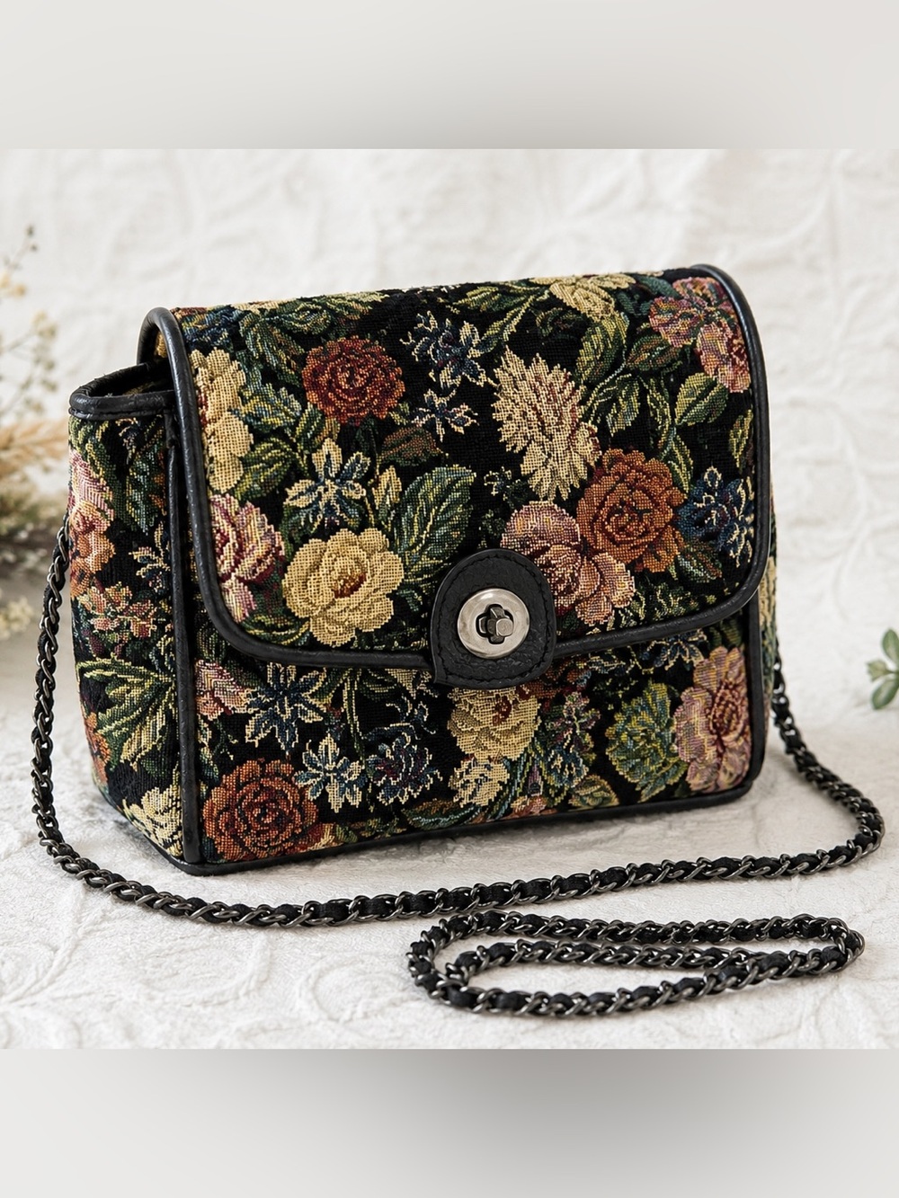 Patricia Nash Floral Tapestry Chain Crossbody Bag Turn Lock Vintage Style